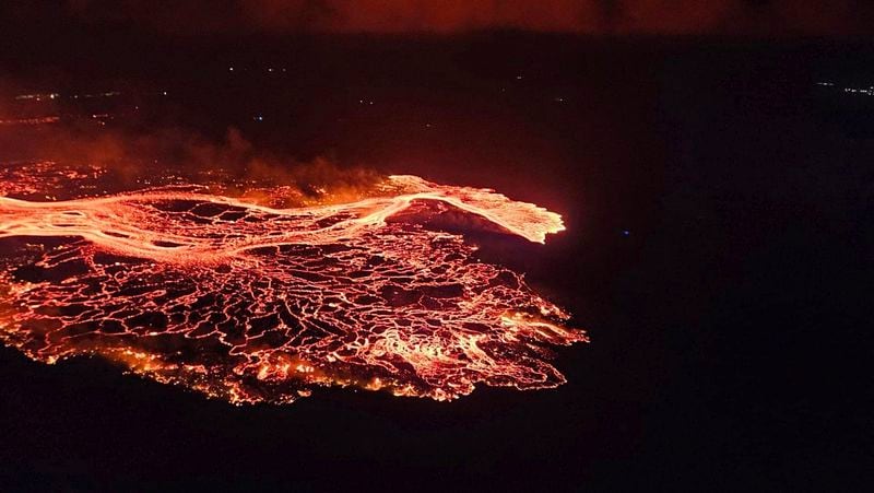 A volcano in southwestern Iceland erupted Thursday, Aug. 22, 2024, for the sixth time since December, spewing red lava through a new fissure on the Reykjanes Peninsula. (Iceland Civil Defense via AP)