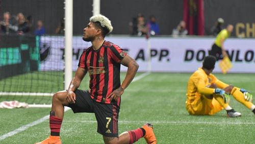 October 24, 2019 Atlanta - Atlanta United forward Josef Martinez (7) celebrates after he scored a goal in the second half during Eastern Conference semifinals of MLS playoffs at Mercedes-Benz Stadium on Thursday, October 24, 2019. Atlanta United won 2-0 over the Philadelphia Union. (Hyosub Shin / Hyosub.Shin@ajc.com)