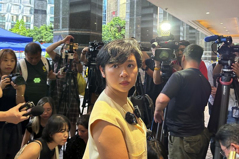 Selina Cheng, chairperson of the Hong Kong Journalists Association speaks to media in Hong Kong on July 17, 2024. (AP Photo/Kanis Leung)