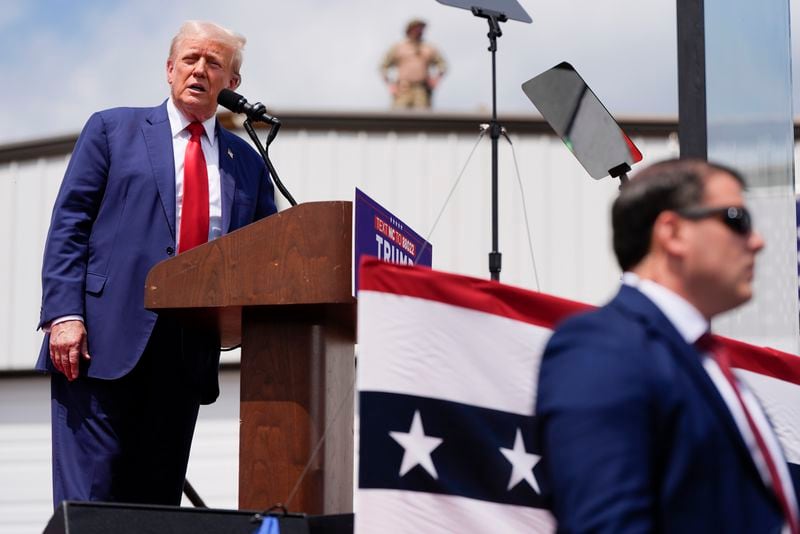 Republican presidential nominee former President Donald Trump speaks during a campaign rally at North Carolina Aviation Museum, Wednesday, Aug. 21, 2024, in Asheboro, N.C. (AP Photo/Julia Nikhinson)