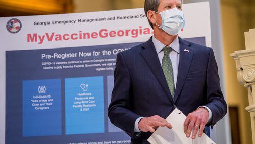 Govenor Brian Kemp announces expanded vaccine sites across Georgia on Wednesday, March 3, 2021 at the Capital.  (Jenni Girtman for The Atlanta Journal-Constitution)