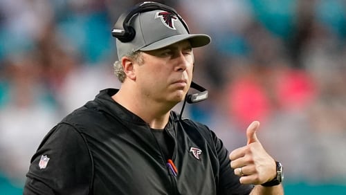 Atlanta Falcons head coach Arthur Smith gestures during the first half of a preseason NFL football game against the Miami Dolphins, Saturday, Aug. 21, 2021, in Miami Gardens, Fla. (AP Photo/Lynne Sladky)