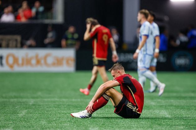 Atlanta United defender Stian Gregersen sits on the ground at the end of the game after a loss against CF Montreal, 2-1, at Mercedes-Benz Stadium on Wednesday, Oct. 2, 2024, in Atlanta.
(Miguel Martinez/ AJC)