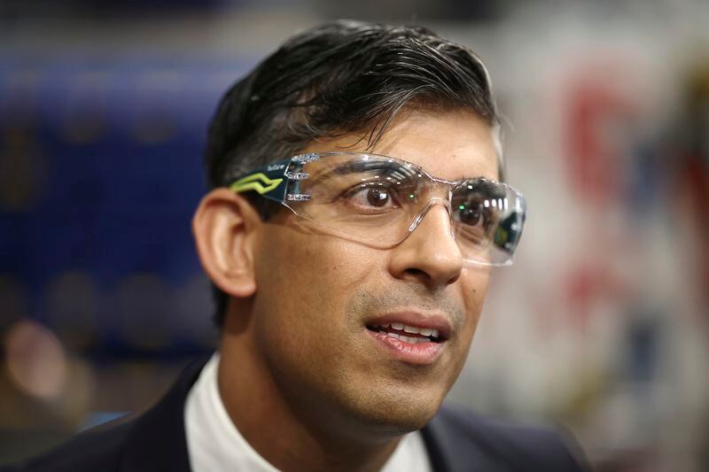 Britain's Prime Minister and Conservative Party leader Rishi Sunak visits a maritime technology centre at a dockyard in Belfast, Friday May 24, 2024 as part of his campaign ahead of a general election on July 4. (Henry Nicholls/Pool Photo via AP)