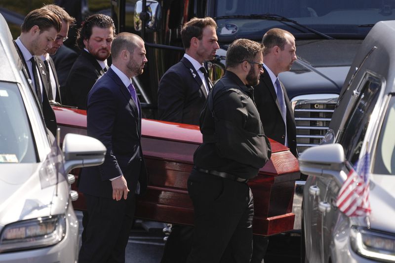 The remains of Matthew Gaudreau arrives for his and his brother Columbus Blue Jackets hockey player John Gaudreau's funeral at St. Mary Magdalen Catholic Church in Media, Pa., Monday, Sept. 9, 2024. (AP Photo/Matt Rourke)