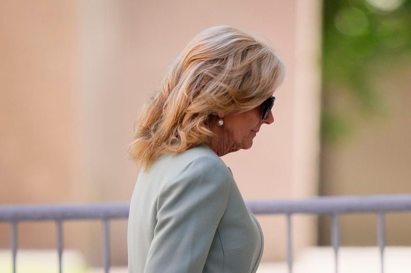 First lady Jill Biden arrives at federal court, Tuesday, June 4, 2024, in Wilmington, Del. (AP Photo/Matt Rourke)