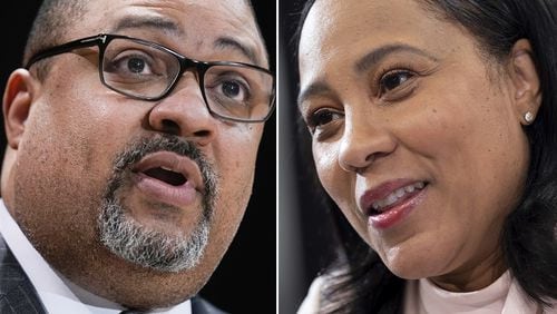 The offices of Manhattan District Attorney Alvin Bragg and Fulton County District Attorney Fani Willis are each nearing decisions on whether to indict former President Donald Trump in separate cases. (Seth Wenig & Ben Gray/AP file)