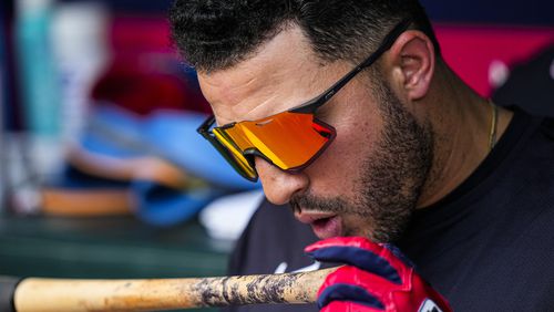 Cleveland Guardians Ramón Laureano (10) works on his bat before going to the plate in the seventh inning of a baseball game against the Atlanta Braves, Sunday, April 28, 2024, in Atlanta. (AP Photo/Mike Stewart)