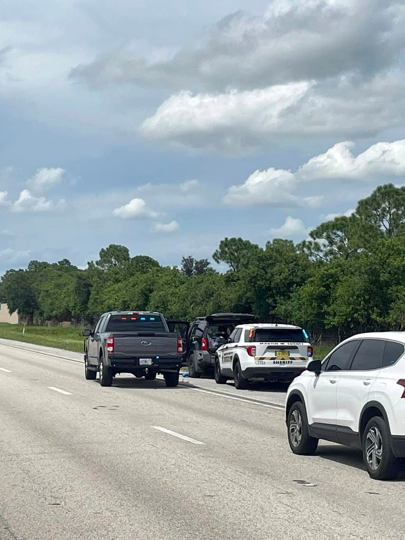 This photo provided by the Martin County Sheriff's Office shows Sheriff's vehicles surrounding an SUV on the northbound I-95 in Martin County on Sunday, Sept. 15, 2024. (Martin County Sheriff's Office via AP)