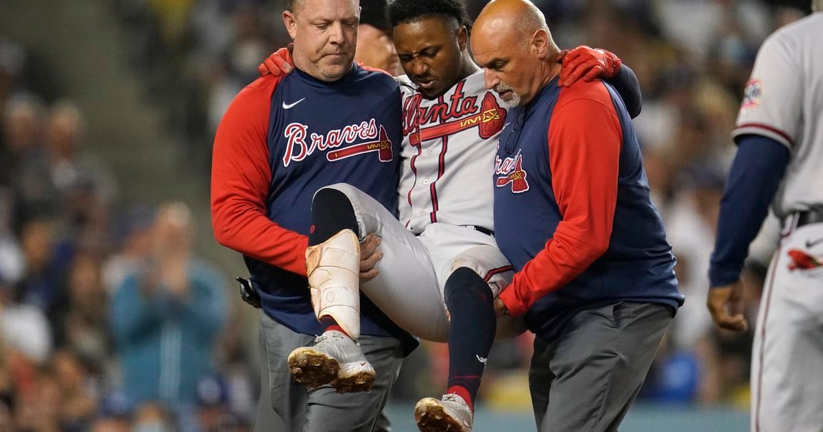 Cleveland, United States . 31st Aug, 2021. Atlanta Braves second basemen Ozzie  Albies (1) sustains an injury while batting during an MLB regular season  game against the Los Angeles Dodgers, Tuesday, August