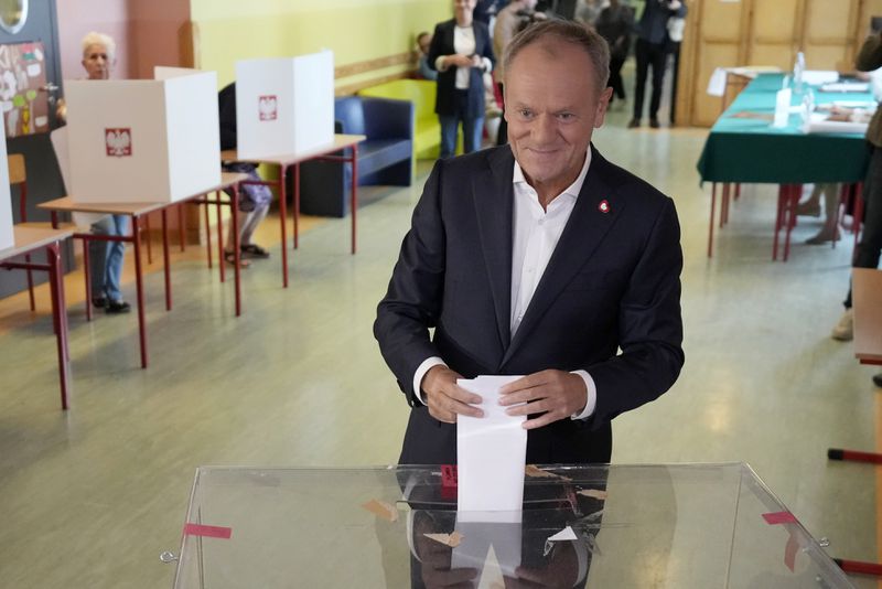 Polish Prime Minister Donald Tusk, who leads a centrist, pro-EU party, votes in the election for the European Parliament, in Warsaw, Poland, on Sunday June 9, 2024. Polling stations have opened across Europe as voters from 20 countries cast ballots in elections that are expected to shift the European Union’s parliament to the right and could reshape the future direction of the world’s biggest trading bloc. (AP Photo/Czarek Sokolowski)