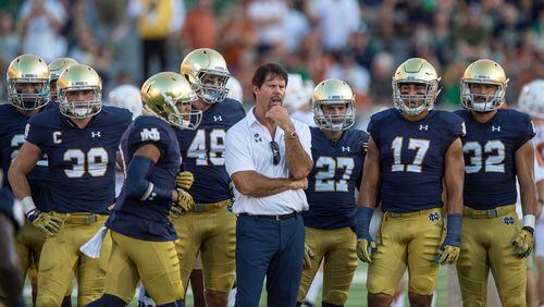 Notre Dame defensive coordinator Brian VanGorder, a former assistant for the Falcons and the Georgia Bulldogs, stands with his players in action during a game between Notre Dame and Texas at Notre Dame Stadium in South Bend, IN. (Icon Sportswire via AP Images)