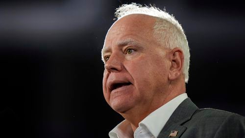 Democratic vice presidential candidate Minnesota Gov. Tim Walz speaks during a campaign event in York, Pa., Wednesday, Oct. 2, 2024. (AP Photo/Matt Rourke)