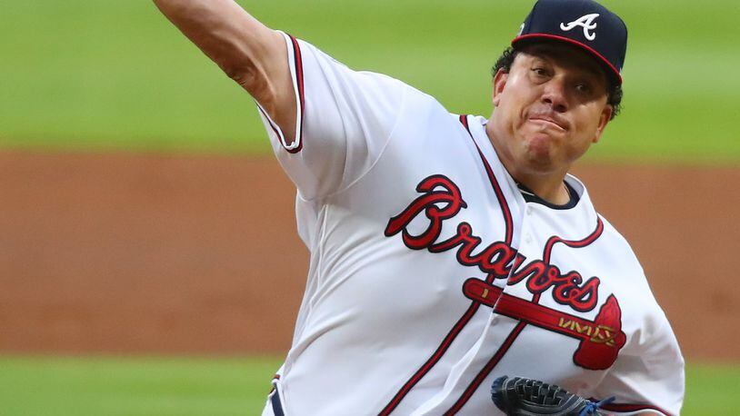 Atlanta Braves starting pitcher Bartolo Colon throws during the