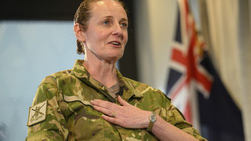 New Zealand's army chief Major General Rose King, the first woman to head a military service in the country, is interviewed by The Associated Press at the defense headquarters in Wellington on Friday, Sept. 20, 2024. (AP Photo/Mark Tantrum)