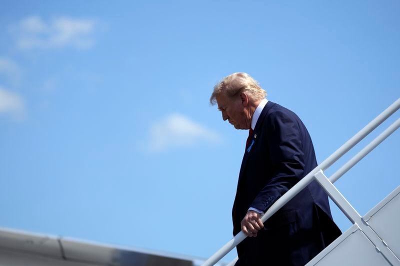 Republican presidential nominee former President Donald Trump arrives in Johnstown, Pa., en route to the Flight 93 Memorial, Wednesday, Sept. 11, 2024 (AP Photo/Matt Rourke)