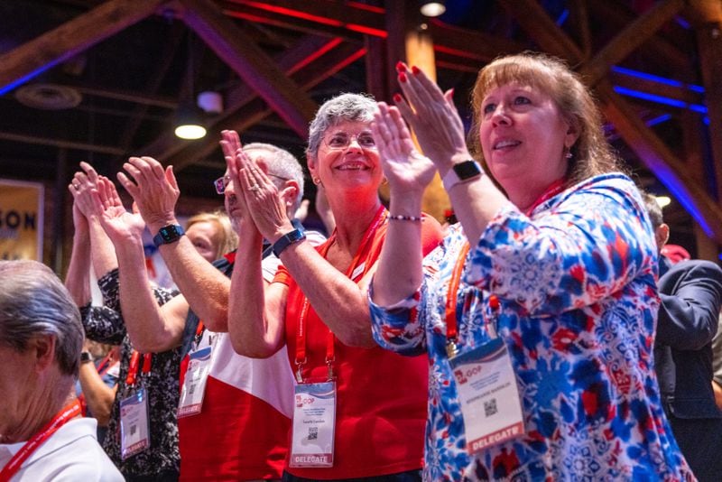 Attendees cheer as candidate Vivek Ramaswamy speaks at the Georgia GOP convention in Columbus on Friday, June 9, 2023. (Arvin Temkar/The Atlanta Journal-Constitution)