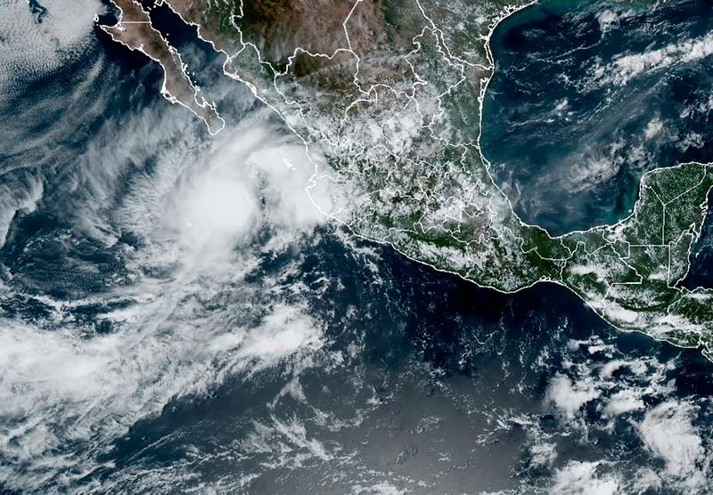 This Sept. 12, 2024 satellite image provided by the National Oceanic and Atmospheric Administration shows Tropical Storm Ileana which has formed off the Pacific coast of Mexico. (NOAA via AP)