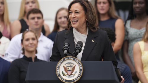 Vice President Kamala Harris speaks at an event for NCAA champions on the South Lawn of the White House in Washington, on Monday, July 22, 2024. (Erin Schaff/The New York Times)