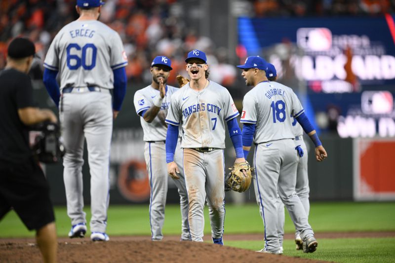 Kansas City Royals' Bobby Witt Jr. (7), Lucas Erceg (60), Yuli Gurriel (18) and others celebrate after Game 1 of an AL Wild Card Series baseball game against the Baltimore Orioles, Tuesday, Oct. 1, 2024, in Baltimore. (AP Photo/Nick Wass)