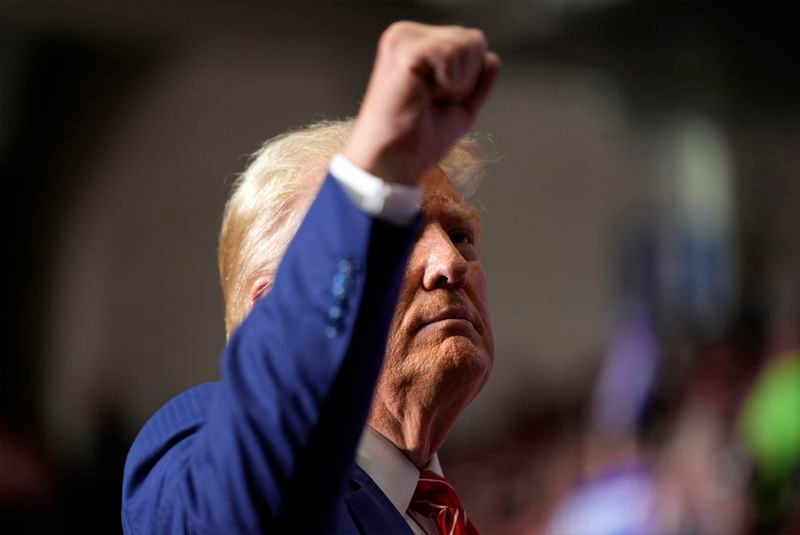 Republican presidential nominee former President Donald Trump gestures after speaking at a campaign event, Friday, Aug. 30, 2024, in Johnstown, Pa. (AP Photo/Alex Brandon)