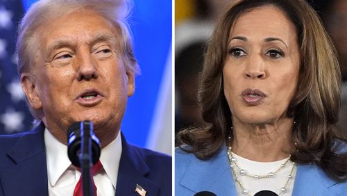 This combination photo shows Republican presidential nominee former President Donald Trump at an event, Aug. 15, 2024, in Bedminster, N.J., left, and Democratic presidential nominee Vice President Kamala Harris at a campaign event in Raleigh, N.C., Aug. 16, 2024. (AP Photo)