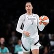 Las Vegas Aces' Alysha Clark (7) looks to pass during the second half of a WNBA basketball semifinal game against the New York Liberty, Tuesday, Oct. 1, 2024, in New York. The Liberty won 88-84. (AP Photo/Frank Franklin II)