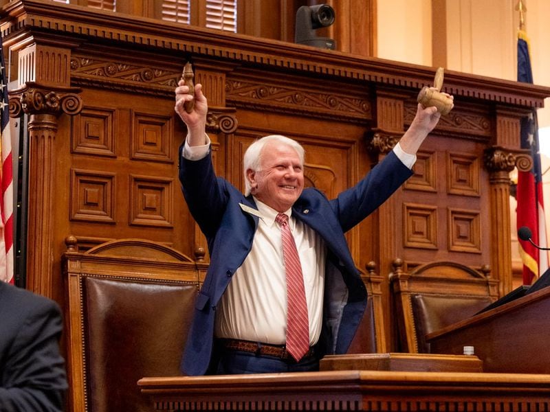 Georgia House Speaker Jon Burns, R-Newington, shows off his fourth broken gavel to members of the House on Feb. 9, 2024.