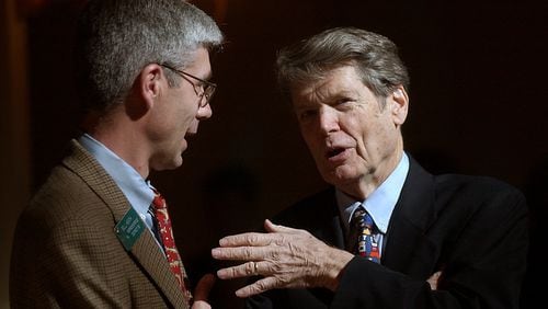 Abit Massey (right) president emeritus of the Georgia Poultry Federation and legendary poultry industry lobbyist, died Saturday. This photo was taken in 2004 outside the House chamber with then-State Rep. Bill Heath of Bremen. (BEN GRAY/ AJC File)