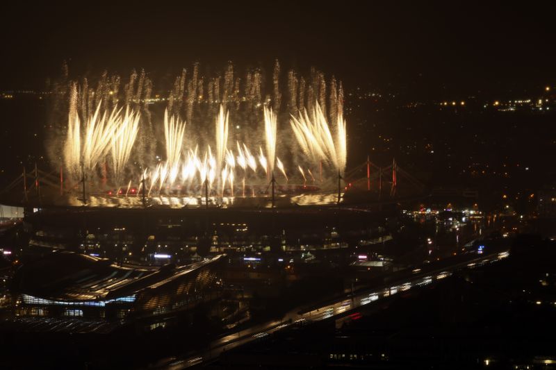 Fireworks are fired at the Stade du France stadium during the closing ceremony of the 2024 Paralympics, Sunday, Sept. 8, 2024, in Paris, France. (AP Photo/Thomas Padilla)