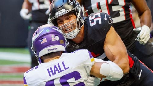  Falcons linebacker Kaden Elliss (55) stops Minnesota Vikings quarterback Jaren Hall (16) close to the end zone during the first half against the Minnesota Vikings on Sunday, November 5, 2023, at Mercedes-Benz Stadium in Atlanta. Elise did not return to the game after that play.
Miguel Martinz/miguel.martinezjimenez@ajc.com