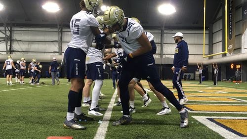 Georgia Tech wide receivers go through a drill at practice at the Brock Football Practice Facility March 5, 2020. (Ken Sugiura/AJC)