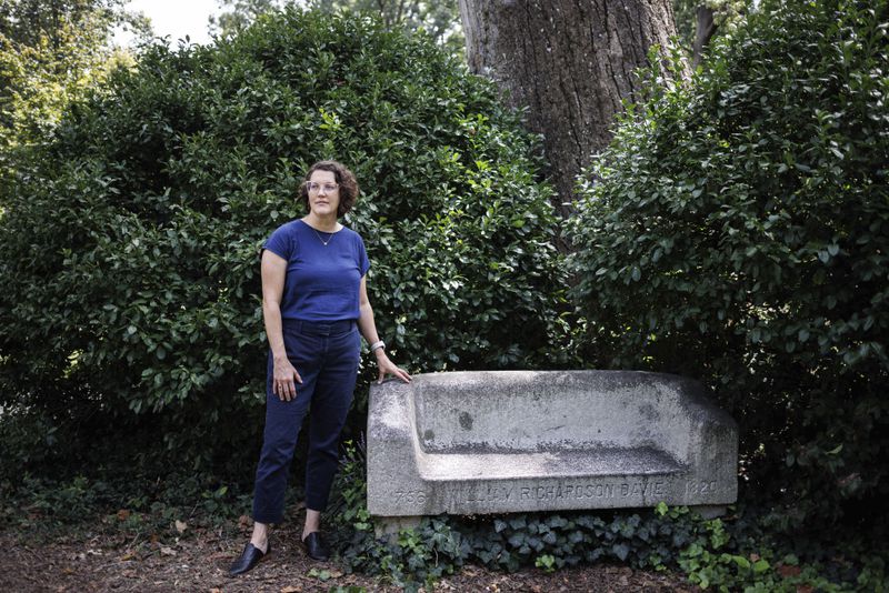 Professor Margaret Sheridan stands for a portrait on campus at the University of North Carolina in Chapel Hill, N.C., Friday, Aug. 23, 2024. (AP Photo/Ben McKeown)