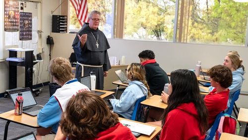 Bishop-Elect Michael Martin speaks to students in a theology class at Charlotte Catholic High School  during his first day visiting the Diocese of Charlotte following the announcement that he will become the fifth  bishop of Charlotte.