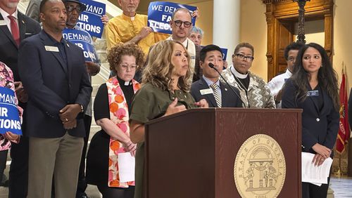 U.S. Rep Lucy McBath (D-Ga.) speaks at a news conference criticizing the State Election Board on Monday, Aug. 26, 2024, at the Georgia Capitol in Atlanta. (AP Photo/Jeff Amy)