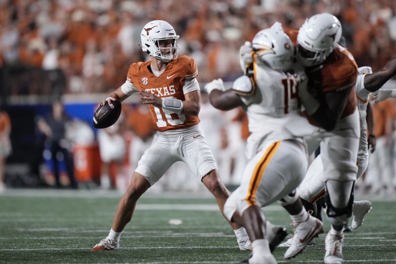 Texas quarterback Arch Manning (16) looks to pass against Louisiana-Monroe during the first half of an NCAA college football game in Austin, Texas, Saturday, Sept. 21, 2024. (AP Photo/Eric Gay)