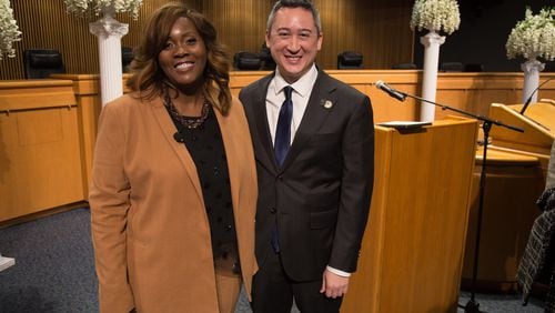 Marlene Fosque (L) and Ben Ku pose for a photograph at the Gwinnett Justice and Administration Center in Lawrenceville GA. Fosque and Ku are running for re-election this year to the Gwinnett County Commission, though their district boundaries have been altered. STEVE SCHAEFER / SPECIAL TO THE AJC