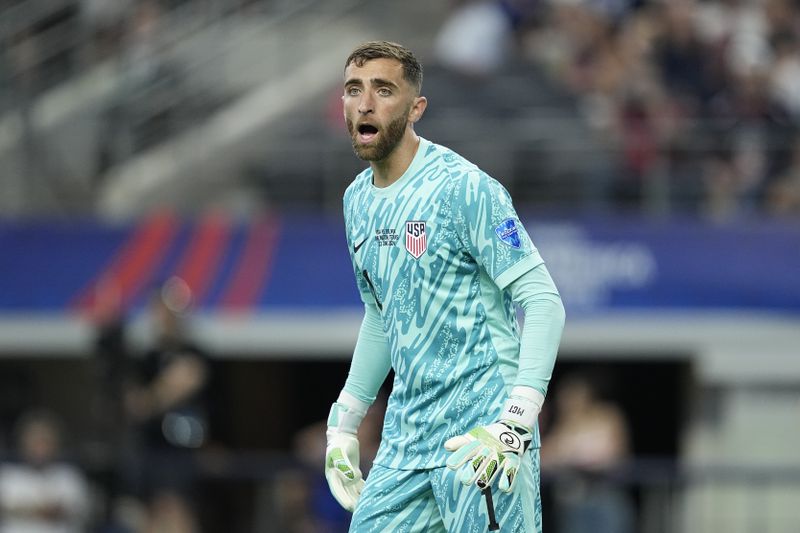 Goalkeeper Matt Turner of the United States reacts during a Copa America Group C soccer match against Bolivia in Arlington, Texas, Sunday, June 23, 2024. (AP Photo/Tony Gutierrez)
