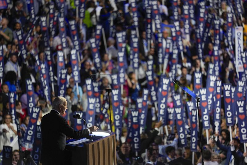 President Biden speaks during the Democratic National Convention Monday, Aug. 19, 2024, in Chicago. (AP Photo/Matt Rourke)