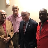 Retired Coffee football coach Bonwell Royal (left), who died May 29, is seen here  with two of his best players, Joel "Cowboy" Parrish (second from left) and Andre "Pulpwood" Smith (right) along with their college coach, Georgia's Vince Dooley.