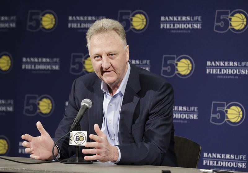 FILE - Larry Bird speaks after resigning from his position as Indiana Pacers president of basketball operations during a news conference Monday, May 1, 2017, in Indianapolis. The Indiana State University and Boston Celtics great addressed a public ceremony Thursday, May 30, 2024, for the official opening of the Larry Bird Museum inside the Terre Haute Convention Center. After the ceremony, Bird took questions from the media, which he jokingly said might be his last interview.(AP Photo/Darron Cummings, File)