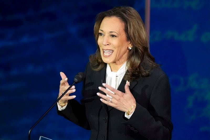 Democratic presidential nominee Vice President Kamala Harris speaks during a presidential debate with Republican presidential nominee former President Donald Trump at the National Constitution Center, Tuesday, Sept.10, 2024, in Philadelphia. (AP Photo/Alex Brandon)