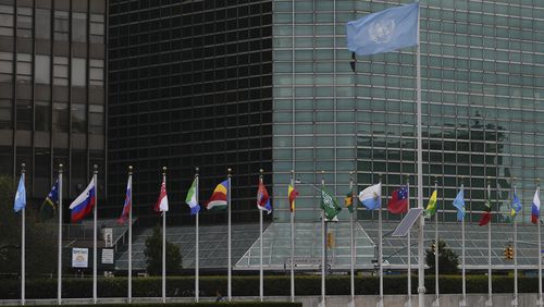 Flags fly outside the United Nations headquarters during the 79th session of the UN General Assembly, Wednesday, Sept. 25, 2024. (AP Photo/Julia Demaree Nikhinson)