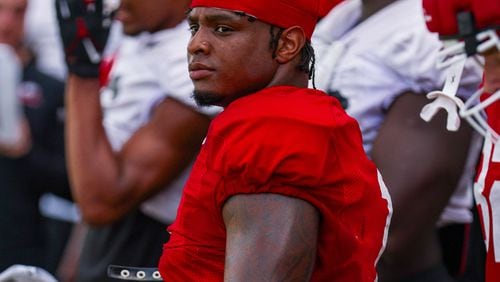 Georgia running back Trevor Etienne (1) looks on from the sideline during a practice session on Tuesday, Aug. 20, 2024, at Woodruff Practice Fields in Athens. (Photo by Conor Dillon/UGA Athletics)