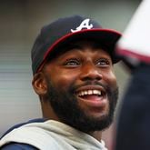 Injured Atlanta Braves’ Michael Harris II talks with a teammate during their game against the San Francisco Giants at Truist Park, Tuesday, July 2, 2024, in Atlanta. The Braves lost to the Giants 5-3. (Jason Getz / AJC)
