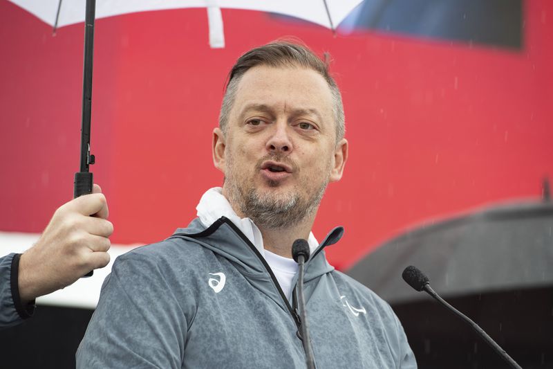 International Paralympic Committee (IPC) President Andrew Parsons delivers a speech during the lighting of the Paralympic Flame in Stoke Mandeville, widely considered the birthplace of the Paralympic Games, England, Saturday, Aug. 24, 2024. (AP Photo/Thomas Krych)