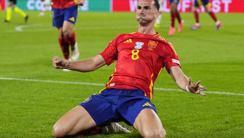 Spain's Fabian Ruiz celebrates after scoring his sides second goal during a round of sixteen match between Spain and Georgia at the Euro 2024 soccer tournament in Cologne, Germany, Sunday, June 30, 2024. (AP Photo/Manu Fernandez)