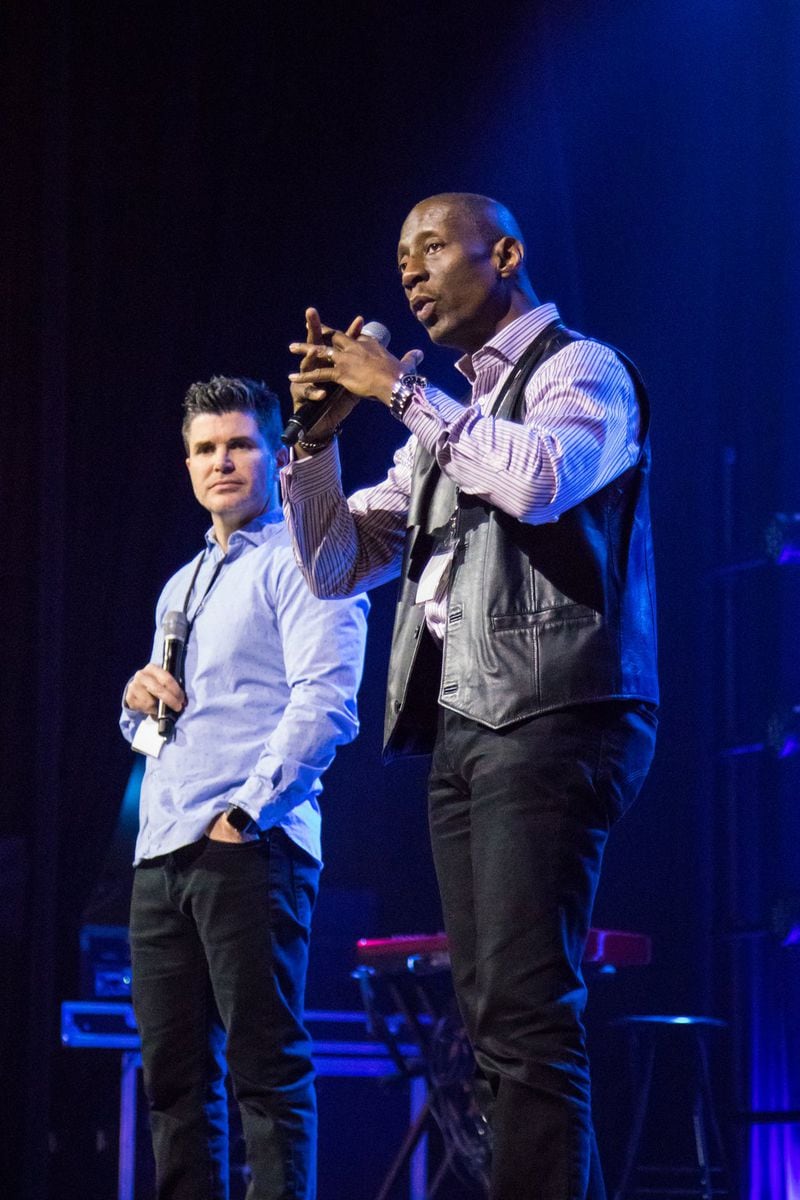 Bishop Garland Hunt (right) and Billy Humphrey, co-founders of OneRace, share the need for unity at a regional prayer gathering at New Bridge Church in Lawrenceville. 