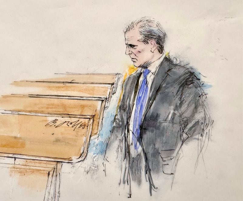 This courtroom sketch shows Hunter Biden entering a federal courtroom for jury selection for his trial on felony tax charges Thursday, Sept. 5, 2024, in Los Angeles. (William T. Robles via AP)