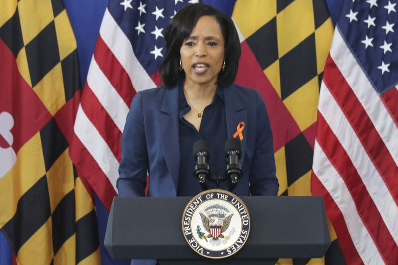 Prince George's County Executive Angela Alsobrooks, Democratic nominee for a U.S. Senate seat in Maryland, talks about taking greater steps to prevent gun violence during a campaign stop with Vice President Kamala Harris on Friday, June 7, 2024, in Landover, Md. (AP Photo/Brian Witte)